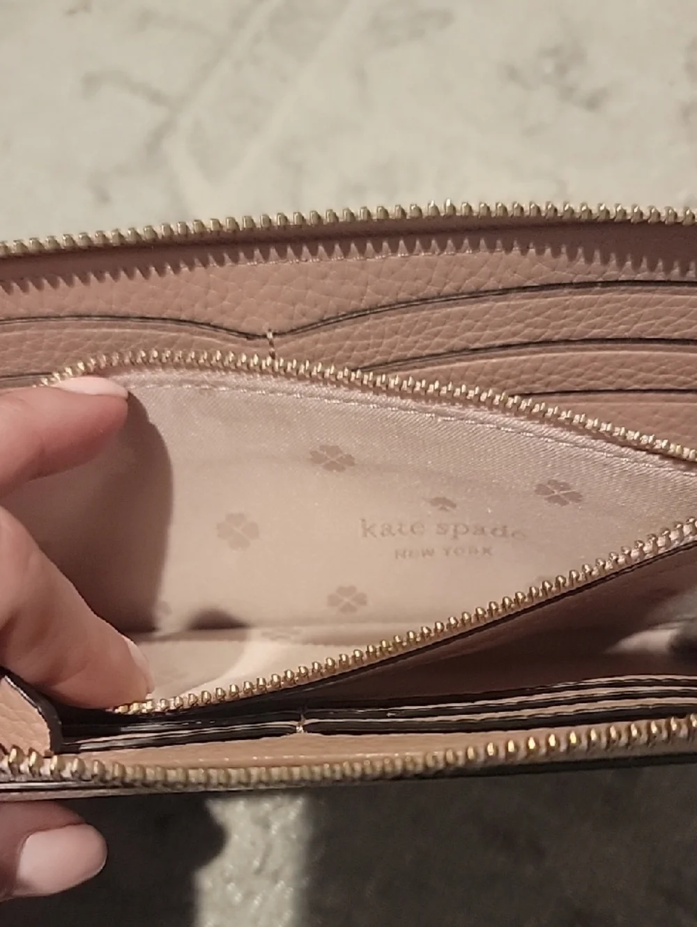 kate spade Pebbled Leather Zip Wallet in Blush Pink with Pink And Gold Spade